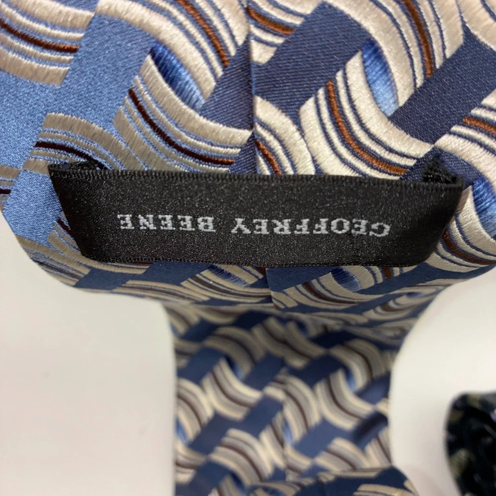 Geoffrey Beene Men Silk Tie Lot of 3 Geometric Abstract Blue Black Teal Neckties